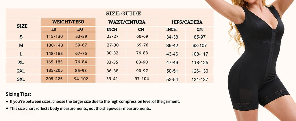 Shapewear bodysuit size chart